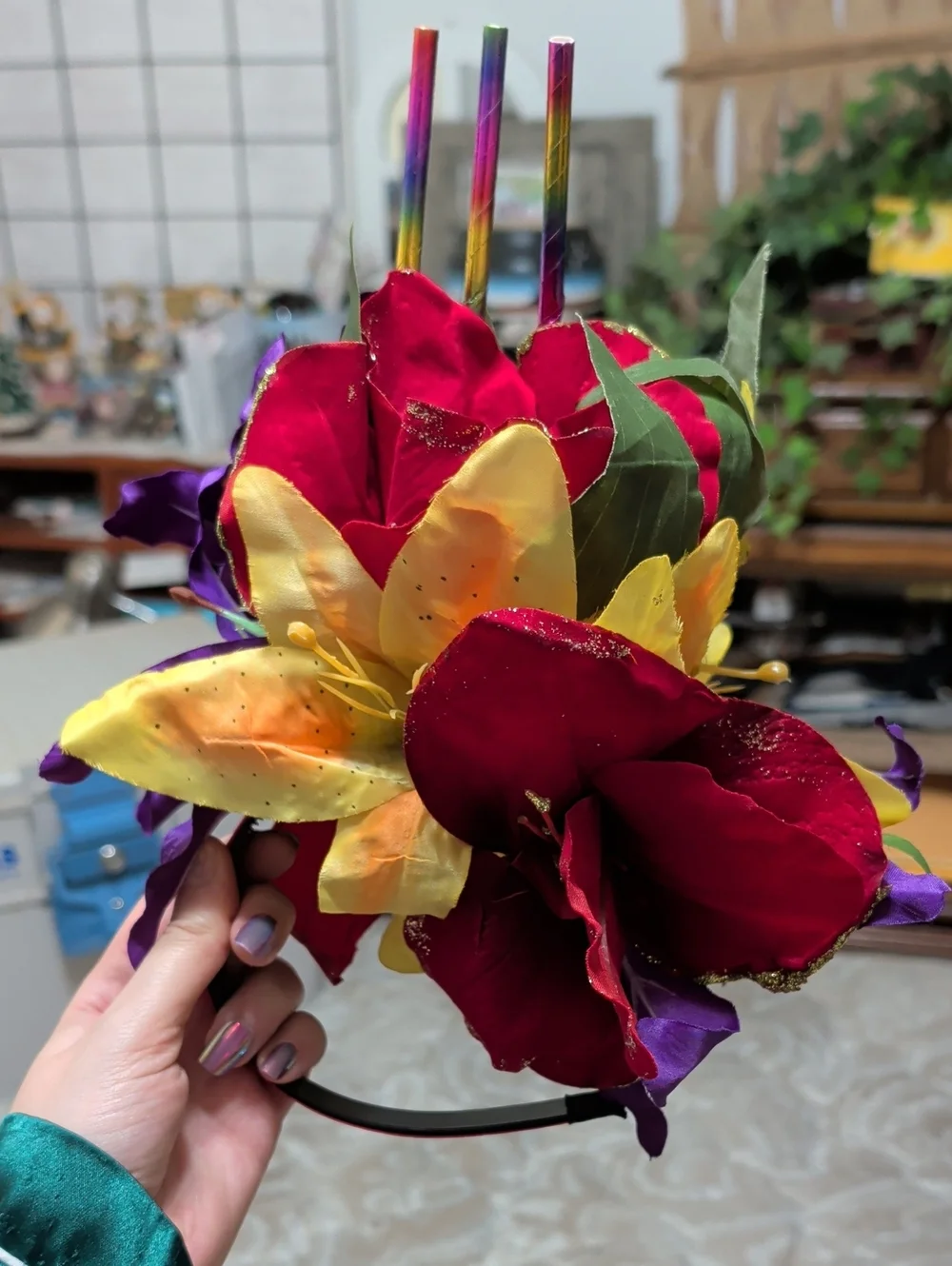 Festive Multicolor Faux Floral Headband with Red, Yellow & Purple Blooms
